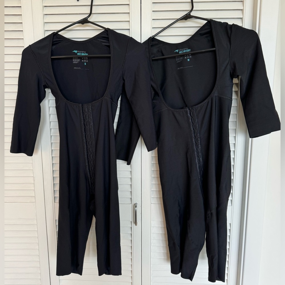 Two black Marena liposuction compression bodysuits (size S, M)